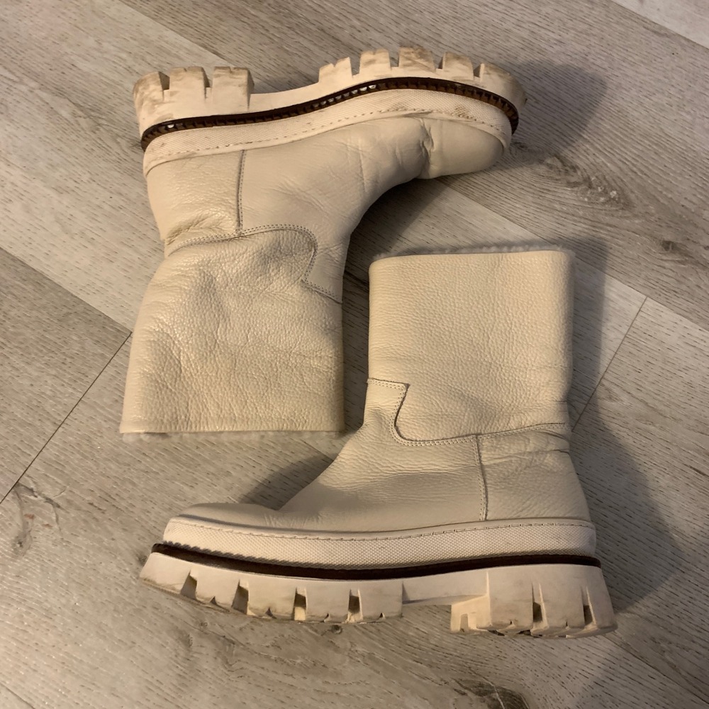 Malaspina Cream Pebbled Leather‎ Shearling Lined Platform Lug Sole Boots 38
